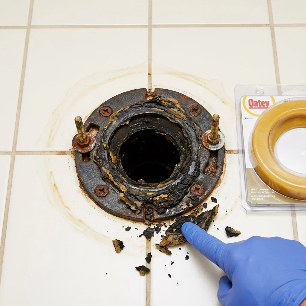 Failed wax ring showing water seepage at the base of a toilet in a Fairfax, MN home