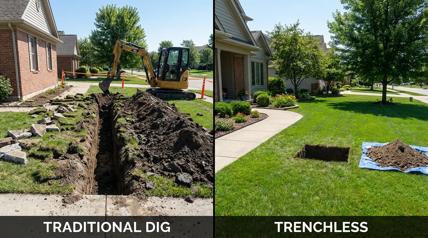 Trenchless sewer repair with minimal yard damage versus traditional excavation in Fairfax, MN